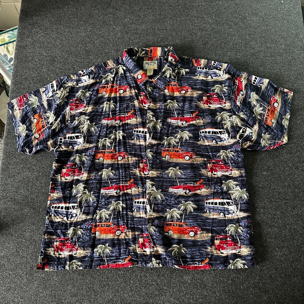 Big Dogs Mens 4X Hawaiian Shirt Rayon Classic Cars Surf Woody Wagon Blue Red